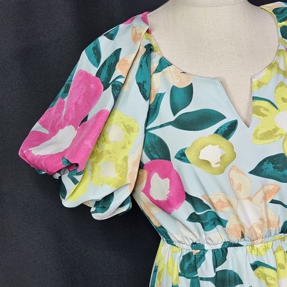 UMGEE MINT TIERED FLORAL PRINT NOTCHED PUFF SLEEVE MIDI DRESS - Picture 4 of 9